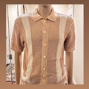 Massive Men's Tan Button-Up Crochet Shirt Vintage Excellent Cond. Size Large $95